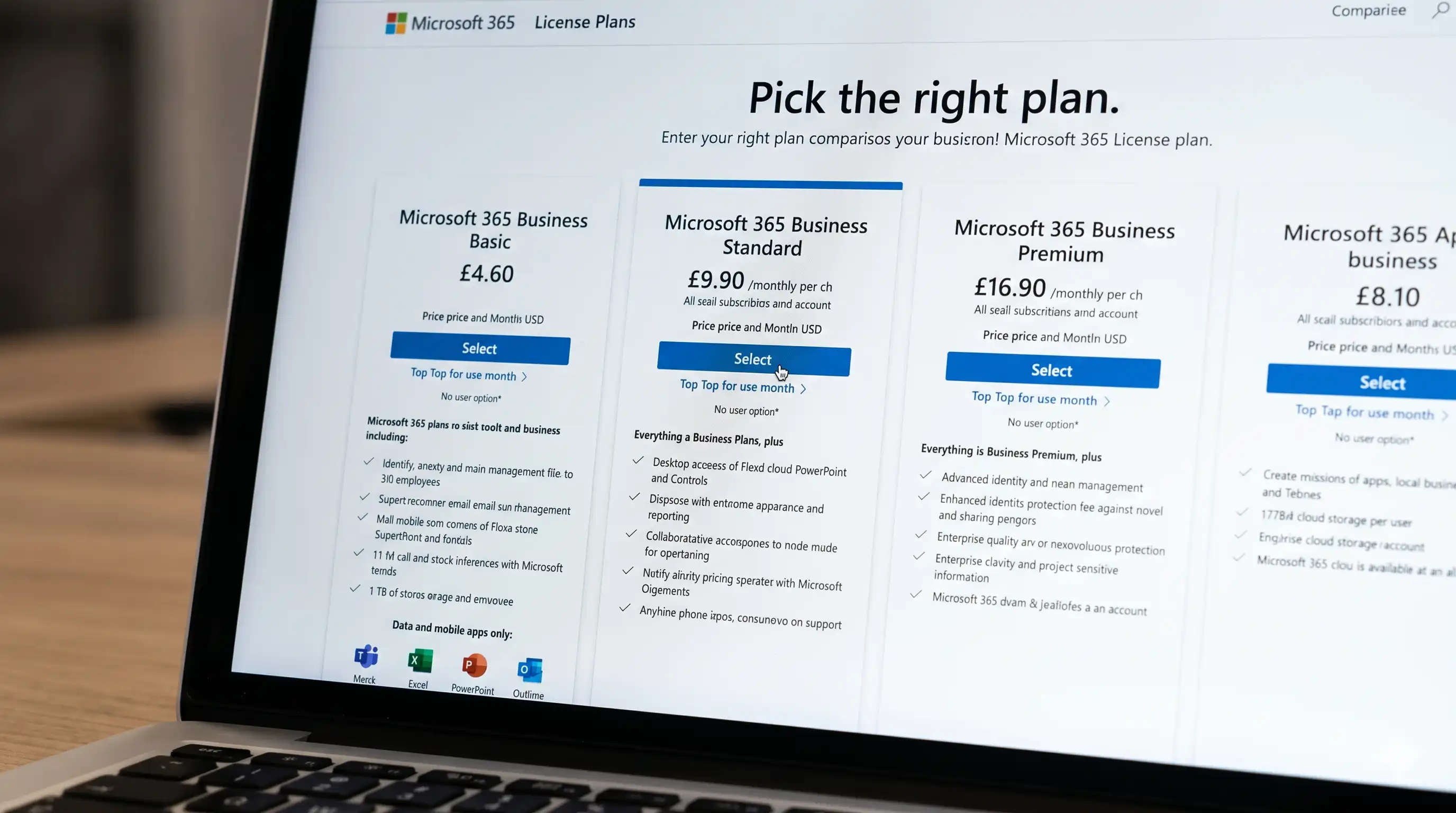 Team reviewing Microsoft 365 plan options and seat counts on a laptop to choose Business, Enterprise, or Frontline