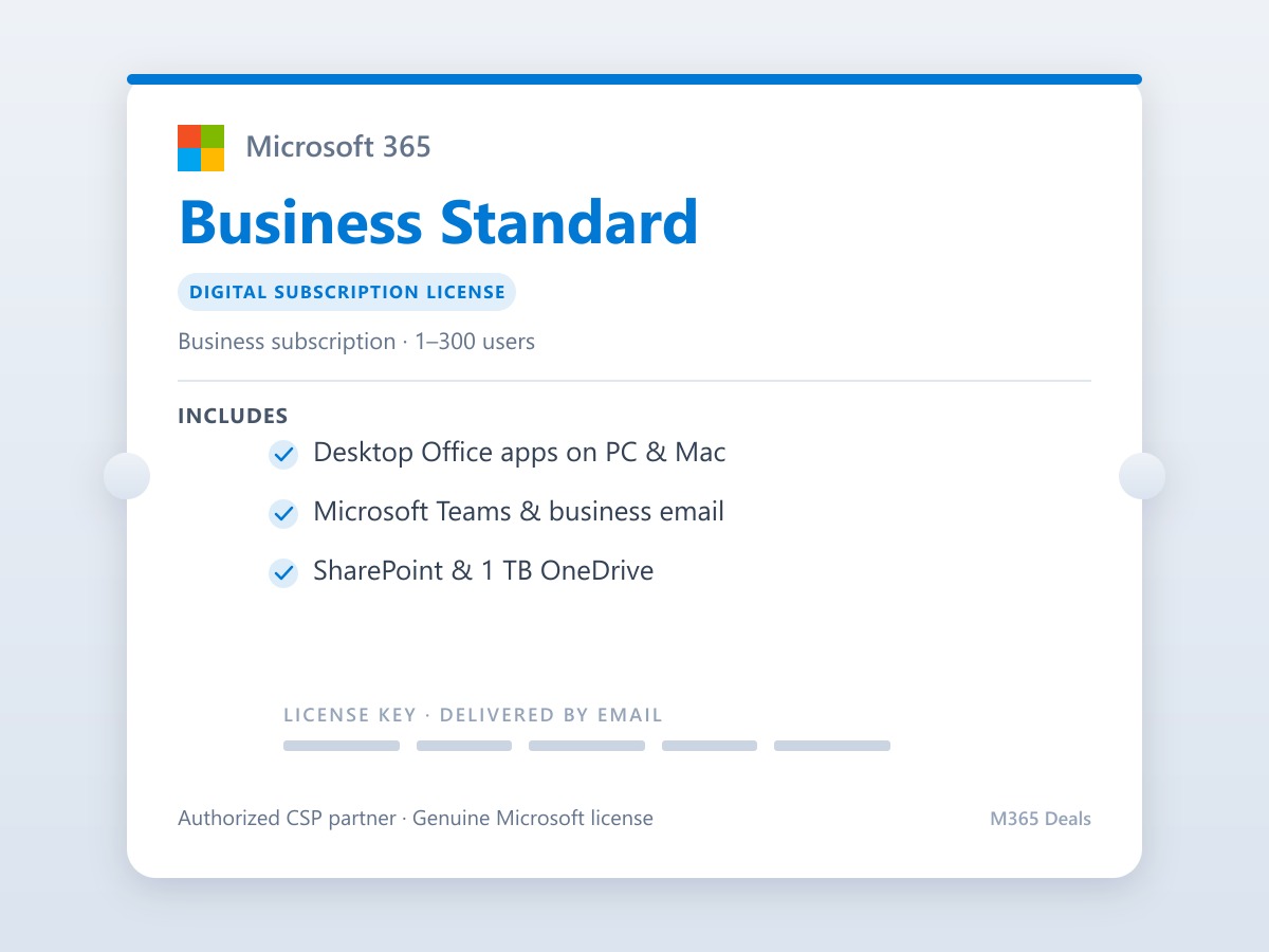 Microsoft 365 Business Standard digital license - desktop Office and Teams.